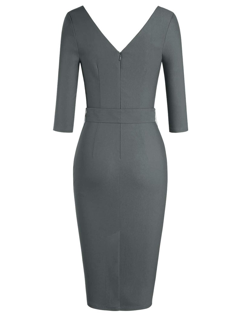 MUXXN Women's 50s Fashion 3/4 Sleeves Tie Waist Bowknot Formal Office Dress (Gray S) - Image 4